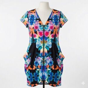 City Chic Dress 18 Plus Blue Floral Woven Mini V-Neck Summer Fall Cocktail‎ Zip